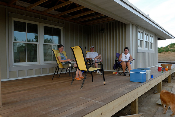 Pizza on the new deck - Jennifer, Diane and builder Jon.