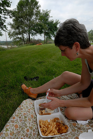 Jennifer had chicken and Otto had a stick (along with a few fries)