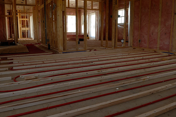 Hydronic tubing and sleepers installed